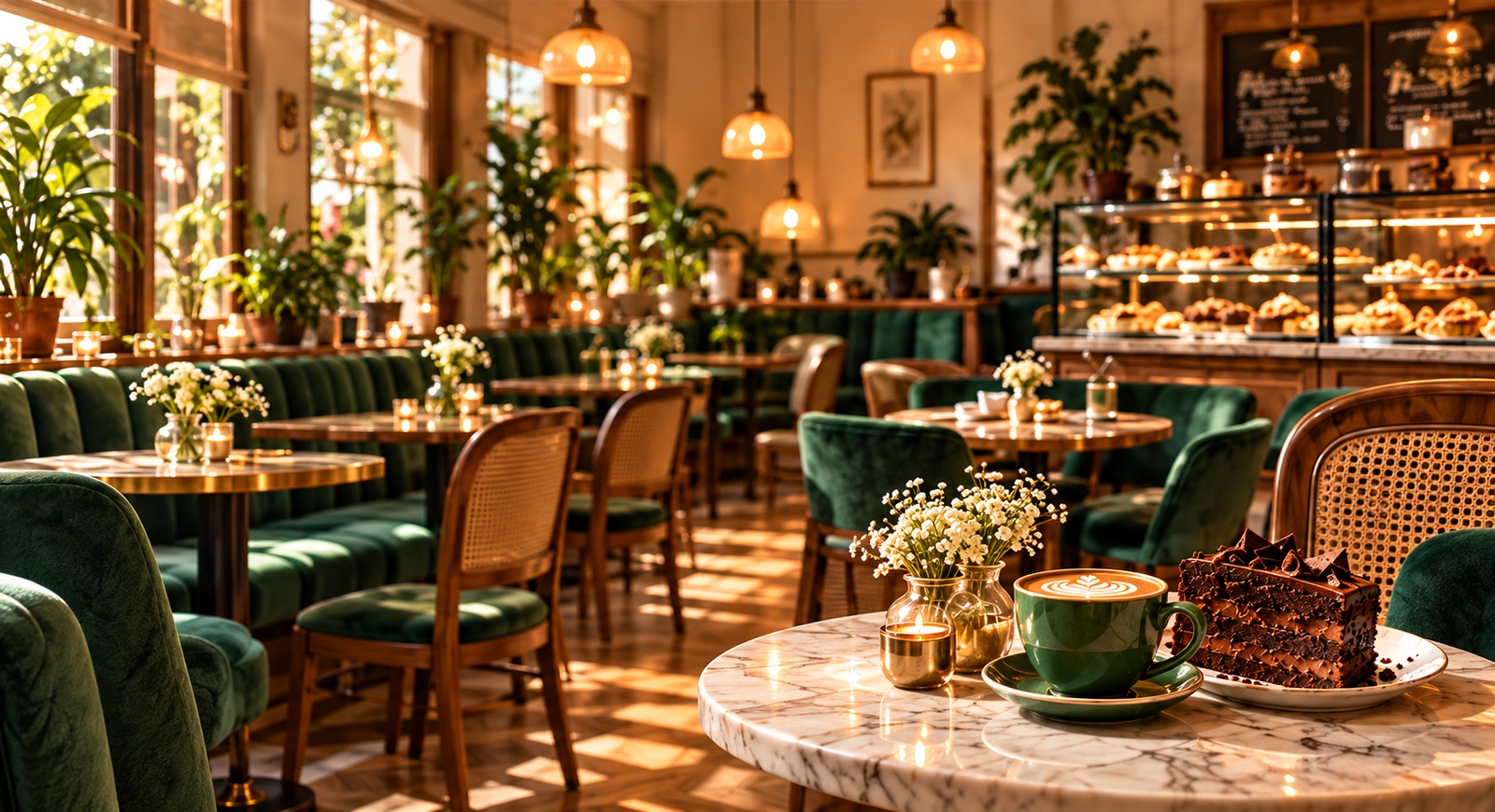 Warm café ambience with cake, coffee and green seating
