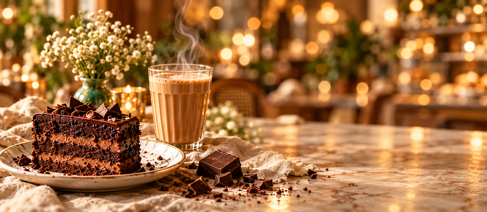 Chocolate cake slice and a warm cup of Irani chai