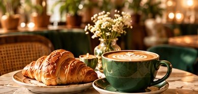Croissant and cappuccino on a marble café table