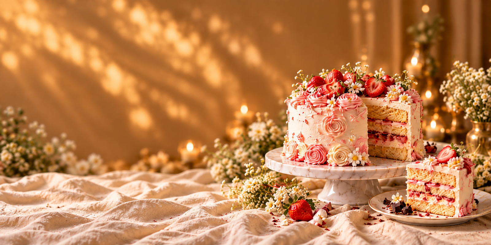 Strawberry celebration cake decorated with buttercream roses
