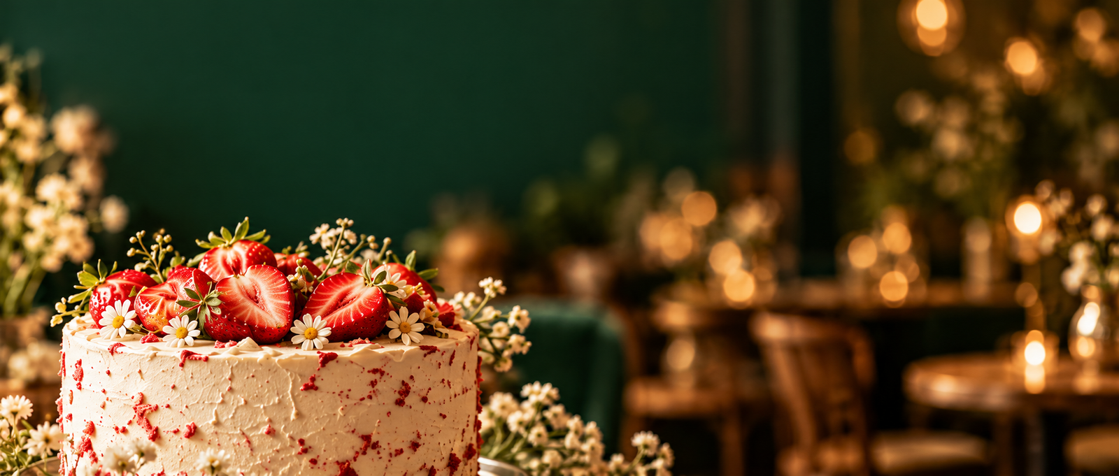 Strawberry cream cake in a dark green café