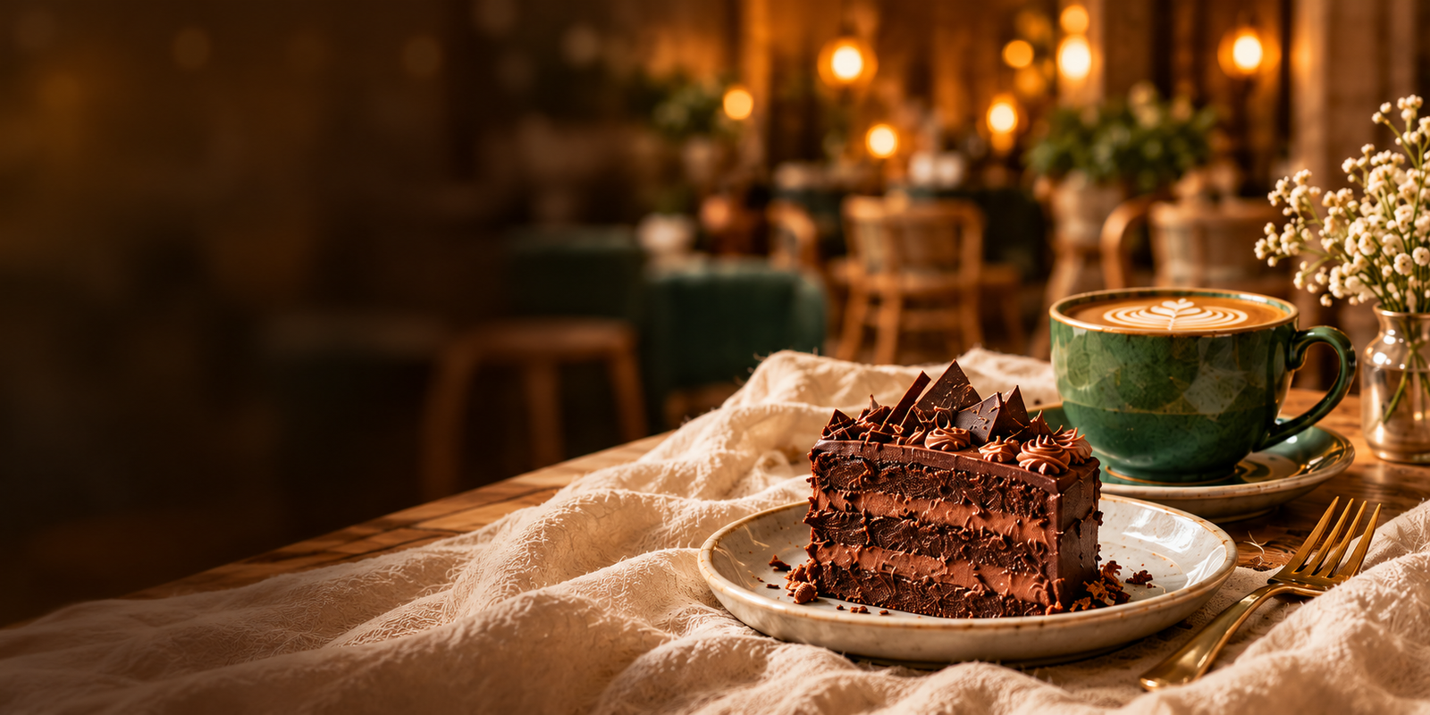 Chocolate cake and green latte cup in a welcoming café