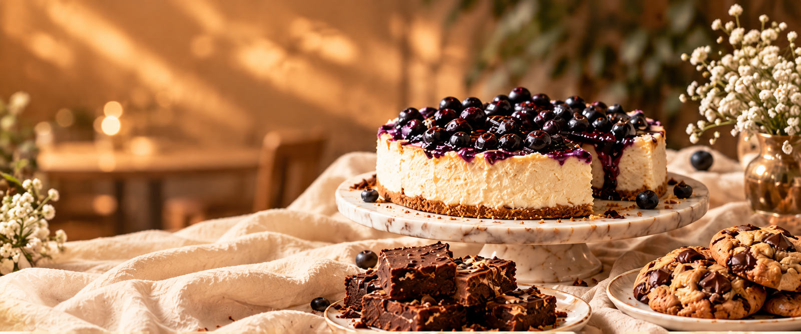 Blueberry cheesecake, brownies and cookies