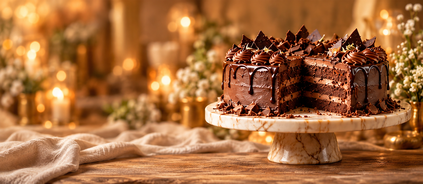 Signature chocolate cake with a slice removed