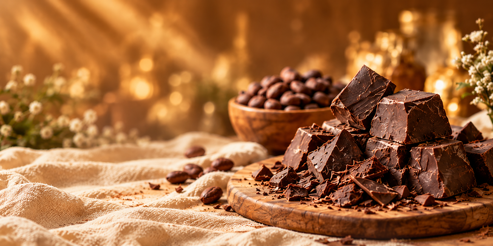 Real couverture chocolate with cocoa beans and chocolate shavings