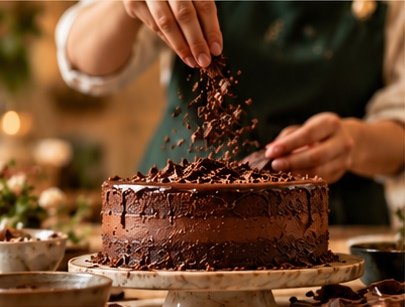 Chocolate cake finished by hand